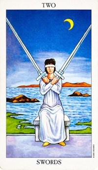 Two of swords. Tarot cards. Wind-haired woman with two swords crossed over her chest, in the sea under the crescent moon. Stock Vector by ©LaInspiratriz 294356296